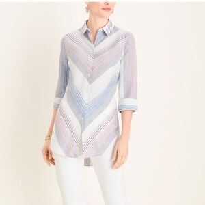 Chico’s No Iron Linen Striped High Low 3/4 Sleeves Casual Tunic Top Women sz 1